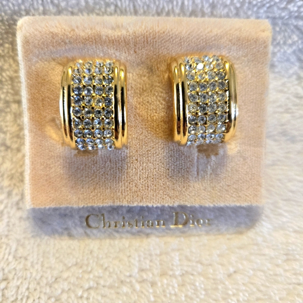 Vintage Christianโ Dior Gold Tone Half Hoop Clip On Earrings Clear Stones